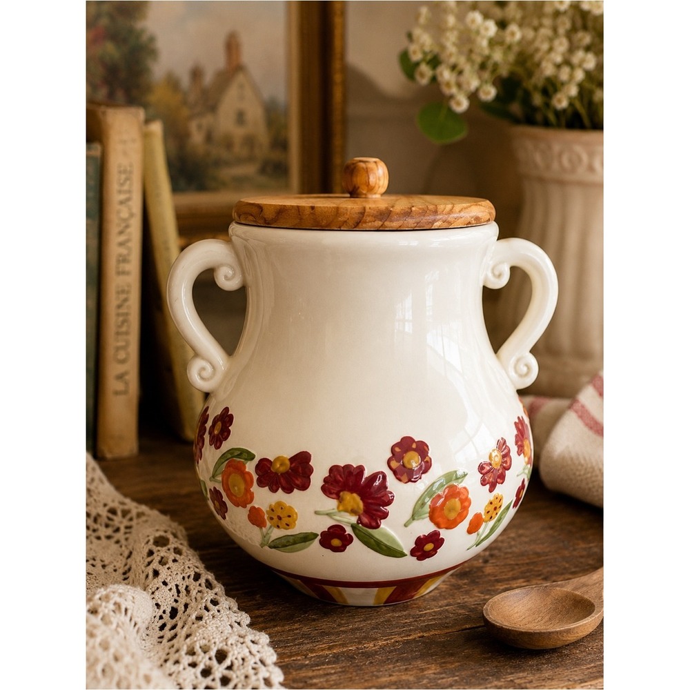 Vintage MSRF French Country Floral Pottery Jar Wooden Lid Handles 9.5″